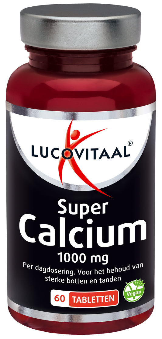 Lucovitaal Calcium Super 1000mg mineral tablets, showing a bottle with white tablets inside.