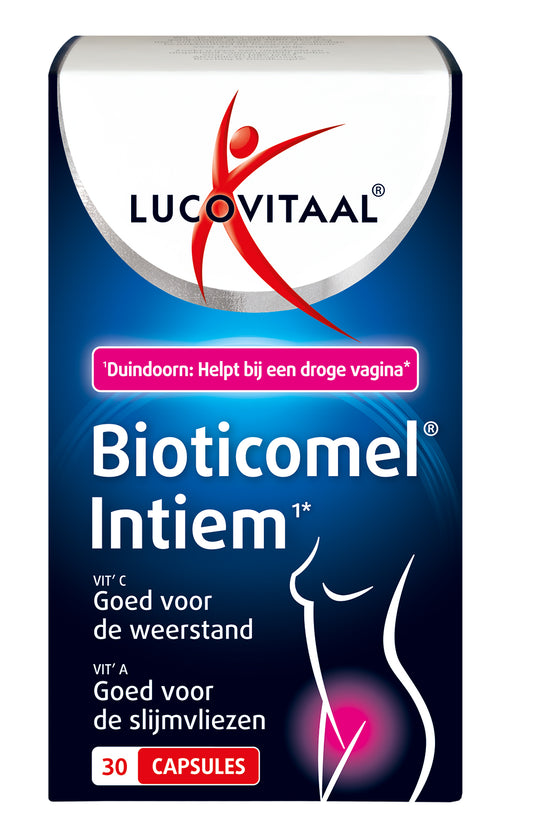 Lucovitaal Bioticomel Intiem probiotic capsules with micro-organismen, 30 capsules in a white bottle.