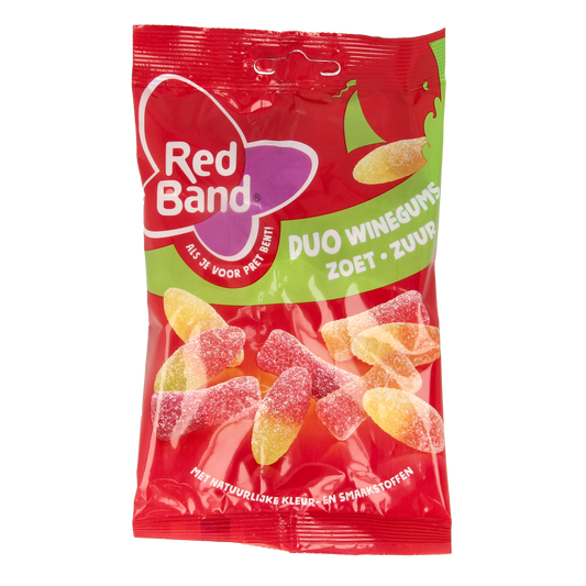 Red Band Winegums duo in red and purple flavors, colorful chewy candy package, 120 grams of fruity snoepgoed.