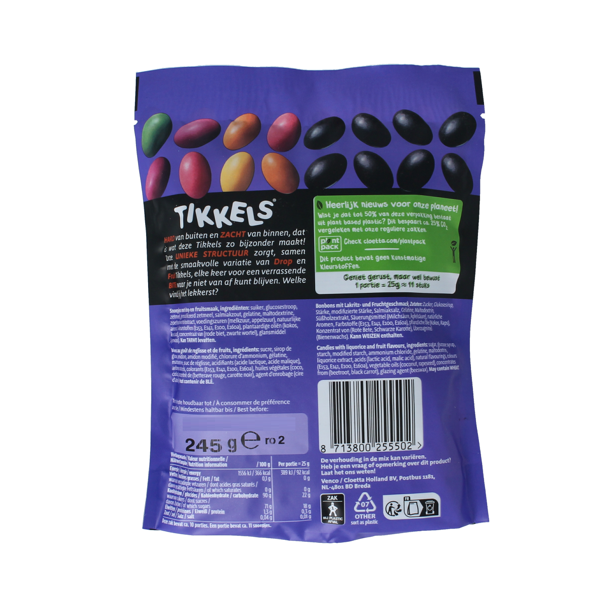 Venco Tikkels drop and fruit snoepgoed in a 245g bag, colorful chewy candies with fruit flavors and assorted shapes.