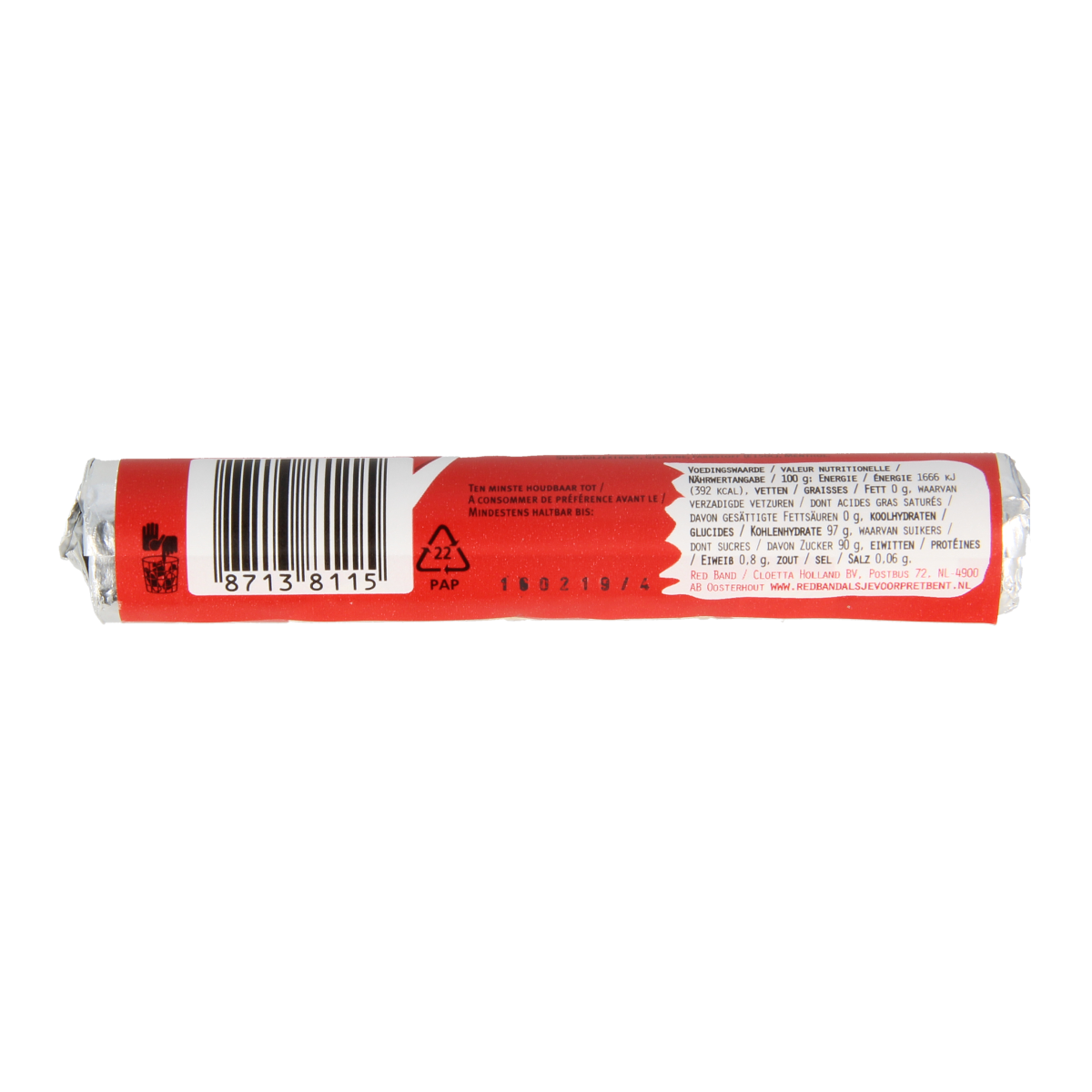 Red Band Red Band Stophoest 1.00 Rol, colorful candy snack in a rolled package, ideal for snacking or sharing.