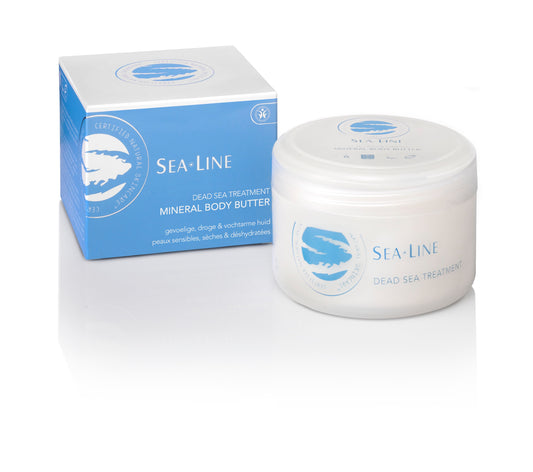Sea-Line Mineral Body Butter jar showing creamy texture and label, 225ml, for nourishing body skincare.