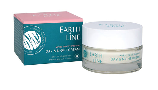 Earth Line White Tea Lift Intense Day and Night Face Cream, 50ml, hydrating skincare product in a white jar.