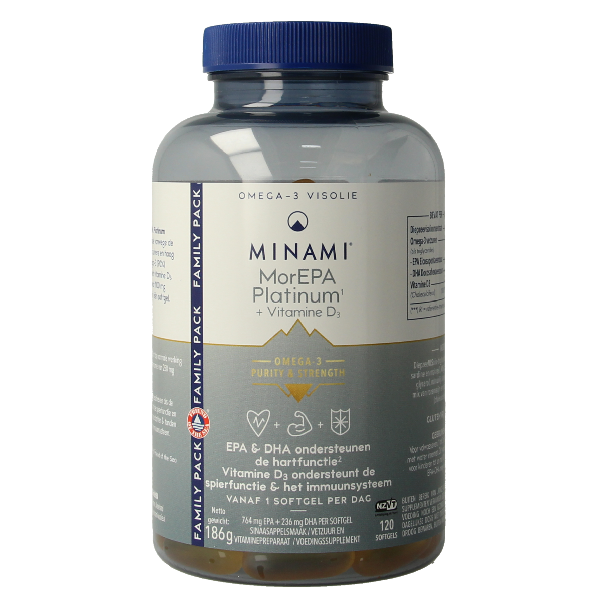 Minami MorEPA Platinum with Vitamin D3 softgels, omega-3 fish oil supplement in a clear bottle with softgel capsules.