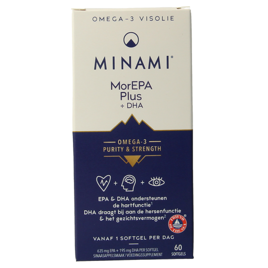 Vetzuren Minami MorEPA Plus softgels in a bottle, dietary supplement for heart and brain health, 60 softgels.