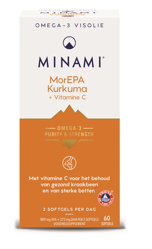 Minami MorEPA kurkuma softgel capsules, omega fatty acids with turmeric, in a clear container with softgel pills visible.
