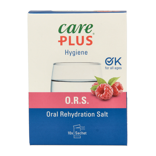 Care Plus ORS framboos mineralen multivitamin tablets in a blister pack, 10 pieces, natural raspberry flavor.