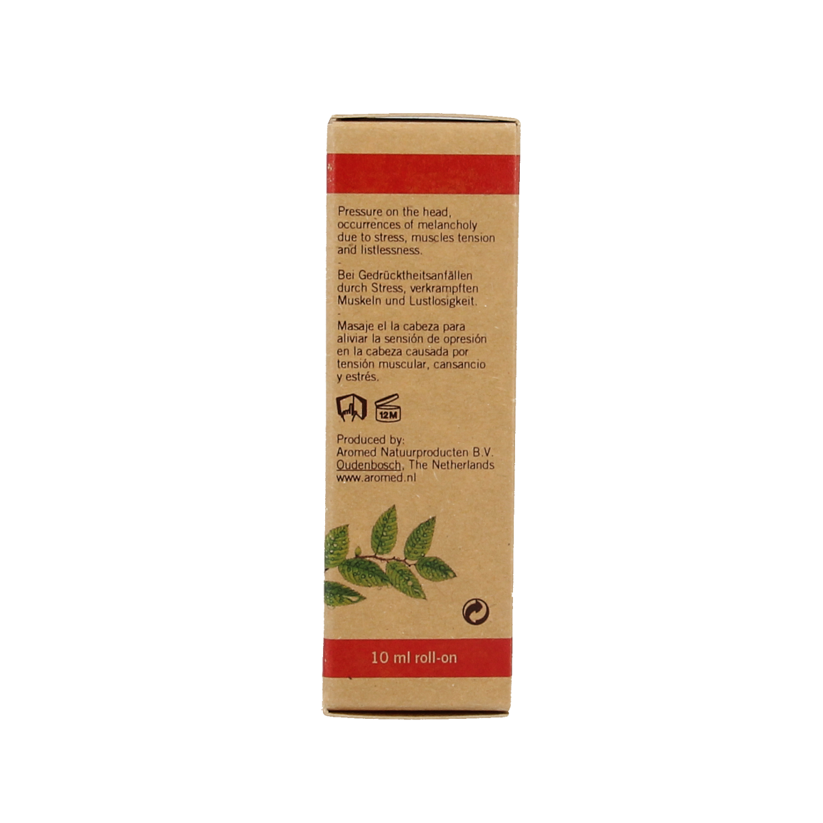 Aromed Megrana hoofdroller with 10 ml of body care oil, featuring a rollerball applicator and Aromed branding.