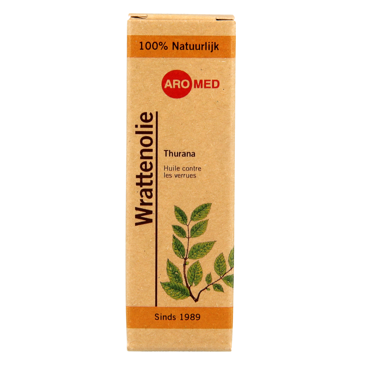 Aromed Thurana wratten olie 10ml bottle for body care, with a clear glass container and label in a natural setting.