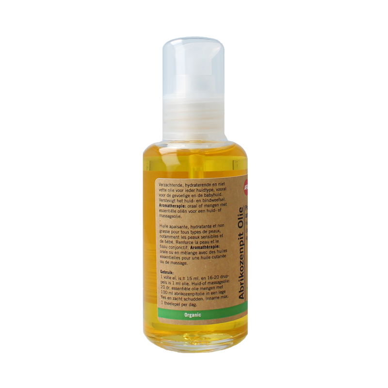 Aromed bio apricot kernel oil in a 100ml bottle, natural body care product with a clear label and amber-colored liquid inside.