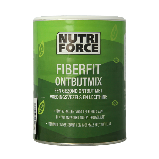 Nutriforce Fiber Fit fiber and enzyme supplement in 500g container, showing the product packaging and label.