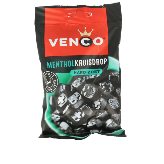 Venco Menthol kruisdrop snoepgoed in 120g package showing colorful licorice candies with menthol flavor