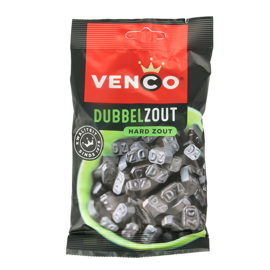 Venco Dubbel zoute drop, 120g, Dutch salty licorice candies in a clear bag with black and white branding.