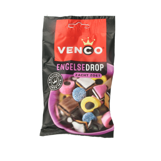 Venco Engelse drop snoepgoed in 100g bag, showing colorful licorice candies from the Venco brand.