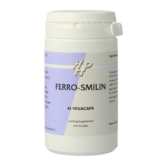 Holisan Ferro Smilin 45 vegetarian herbal capsules in a clear bottle, emphasizing natural supplement and herbal preparation.