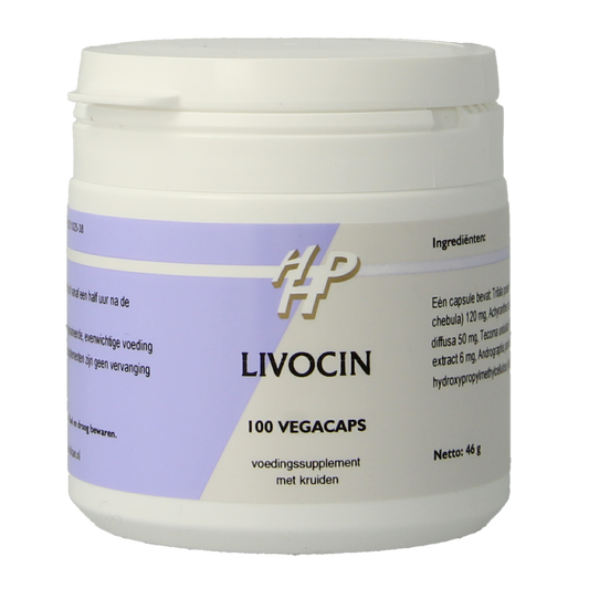 Holisan Livocin 100 vegetarian herbal capsules, dietary supplement in a white bottle with label, close-up view.