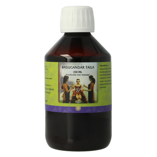 Holisan Basugandar taila 250ml bottle, natural body care oil, with a clear label and cap, used for skin nourishment and massage.