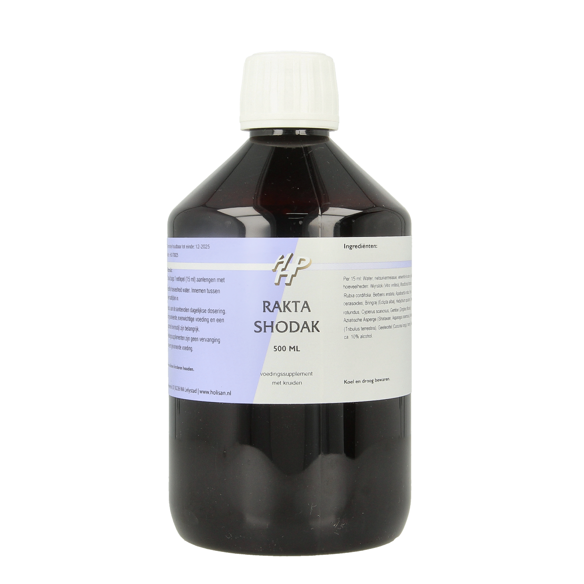 Holisan Rakta Shodak herbal supplement bottle, 500ml, in packaging with label displaying product details and branding.
