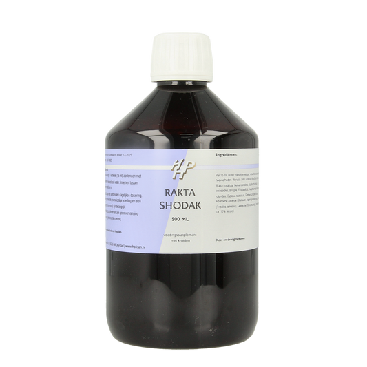 Holisan Rakta Shodak herbal supplement bottle, 500ml, in a clear container with label showing product details and branding.