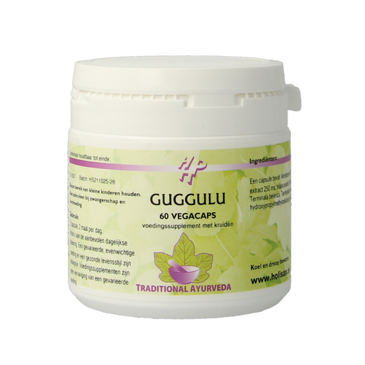 Holisan Guggulu vegetarian herbal capsules in a bottle, dietary supplement for wellness and herbal health support.