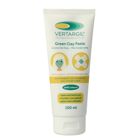 Vertargil green clay paste in a 100ml tube, natural body care product, showing the green clay tube with label and cap.