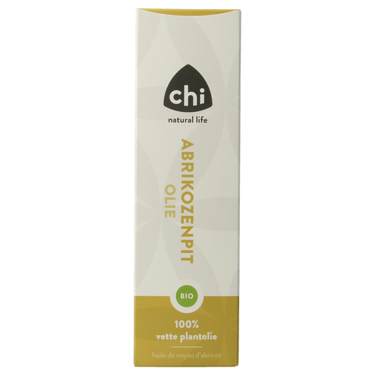 Chi Bio Abrikozenpit Olie 100ml, natural body care oil in a clear bottle with a white label and golden cap.