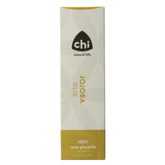 Chi Jojoba olie 100ml bottle for body care, featuring a clear container with a golden-colored jojoba oil inside.