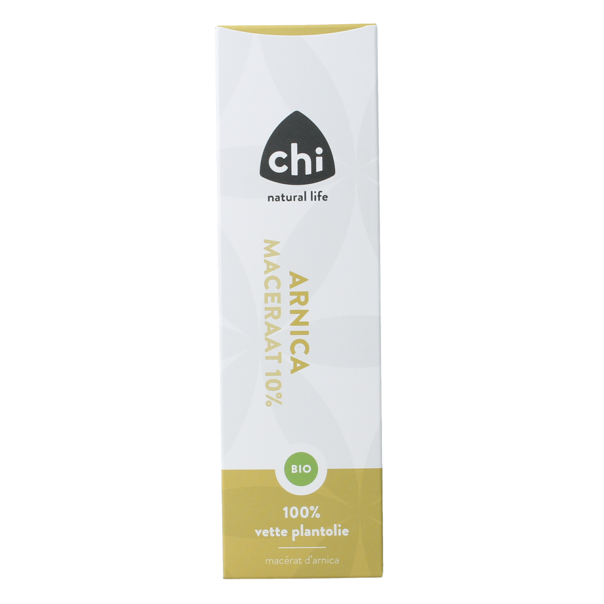 Chi Arnica maceraat 10% bio body care oil in a 100ml bottle, with a clear label showing natural herbal ingredients.