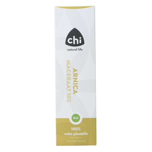 Chi Arnica maceraat 10% bio body care oil in a 100ml bottle, with a clear label showing natural herbal ingredients.