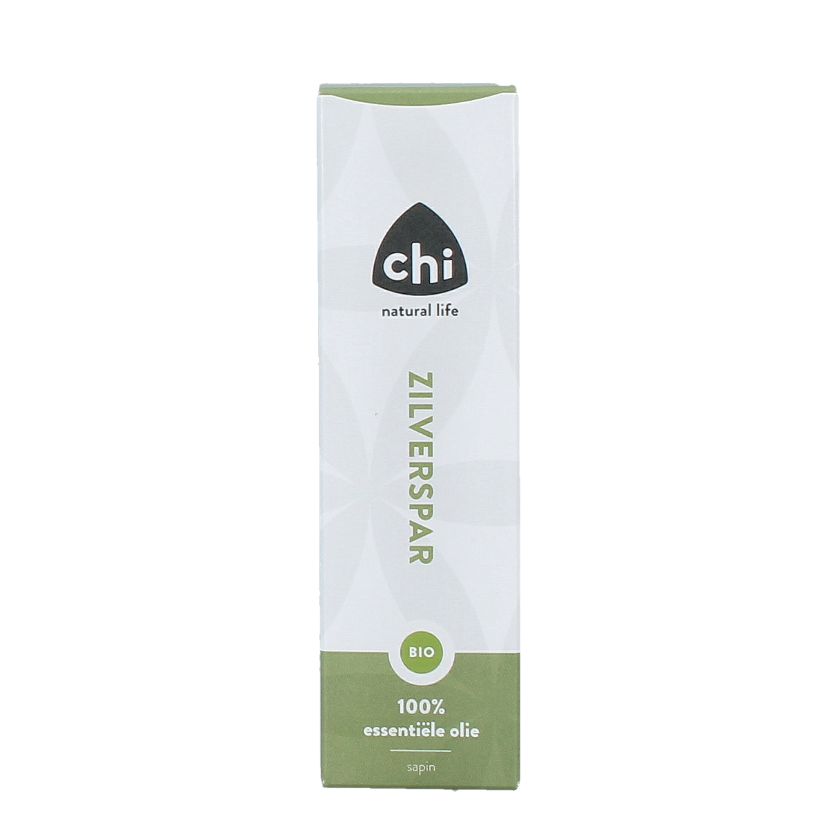 Chi Zilverspar organic essential oil in 10ml bottle, clear glass container with white cap and label, on a white background.