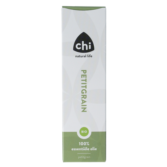 Organic Chi Petitgrain essential oil in a 10ml bottle, natural and eco-friendly, with a clear glass container and label.