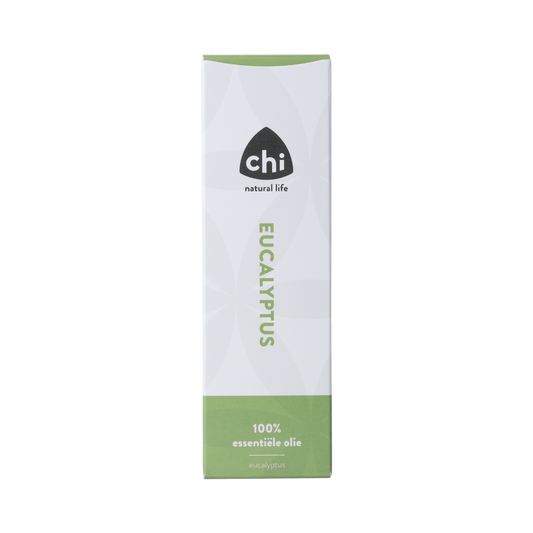 Chi Eucalyptus Wild essential oil bottle with a clear label, featuring a dark glass container and a white cap.