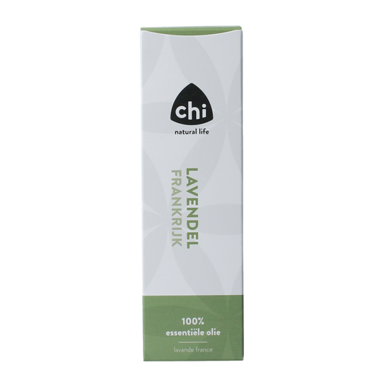 Chi Lavendel France essential oil bottle, 20ml, with lavender flowers and a dark glass container, showcasing natural lavender aroma.