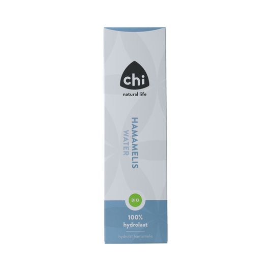 Chi Hamamelis hydrolaat bio 150ml in a clear spray bottle, natural facial toner for skin care, with botanical ingredients.