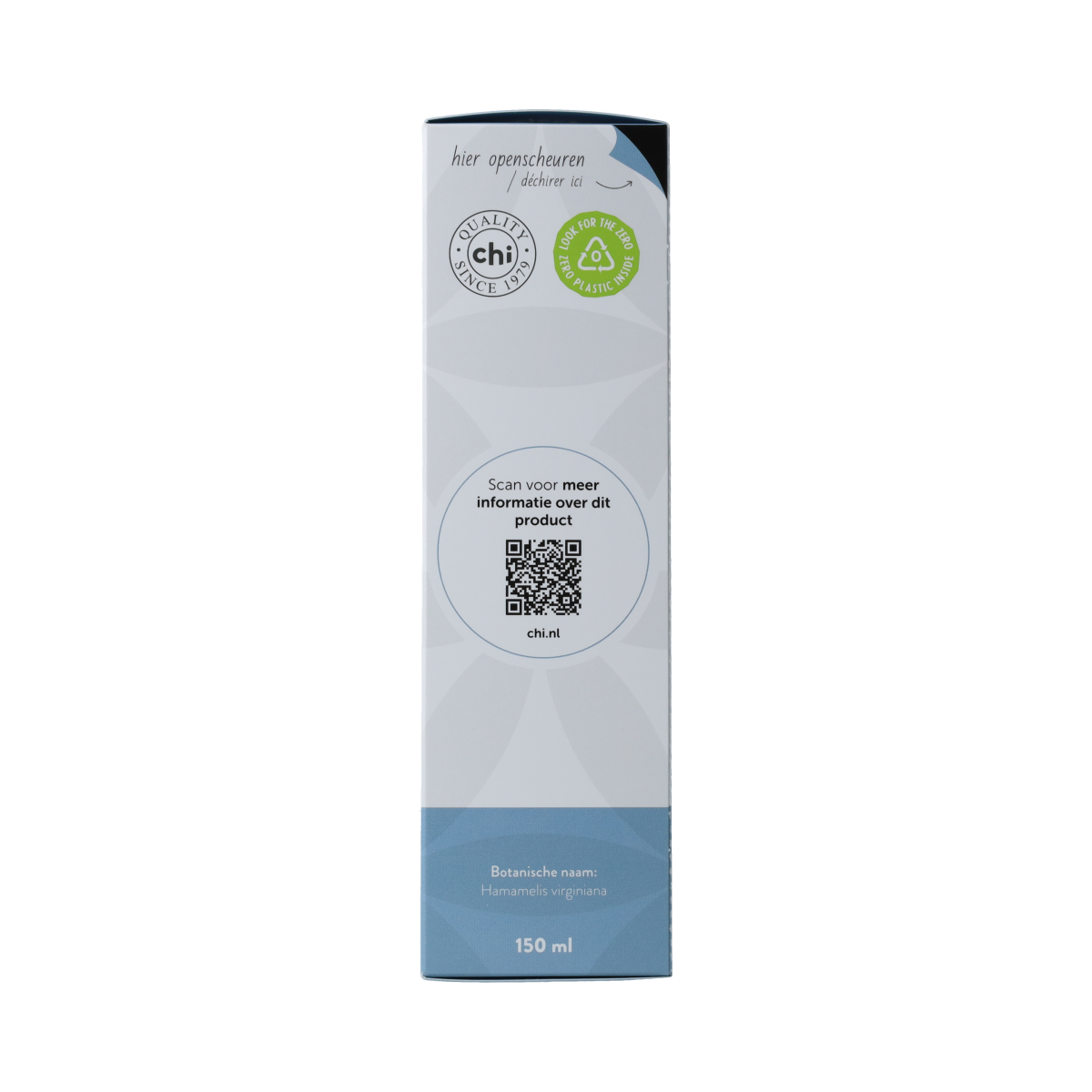 Chi Hamamelis hydrolaat bio facial toner in 150ml bottle, natural skincare product with herbal ingredients.
