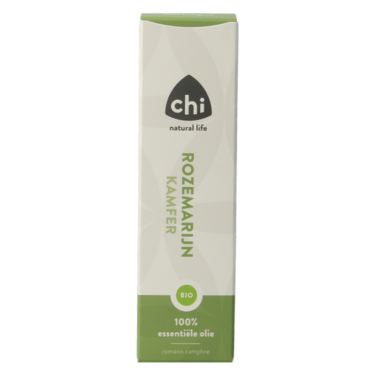 Chi bio rosemary camphor essential oil in a 10ml bottle, showcasing the product label and clear liquid inside.