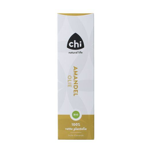 Chi organic almond oil in a 100ml bottle, natural body care product, with a clear label and golden oil inside.