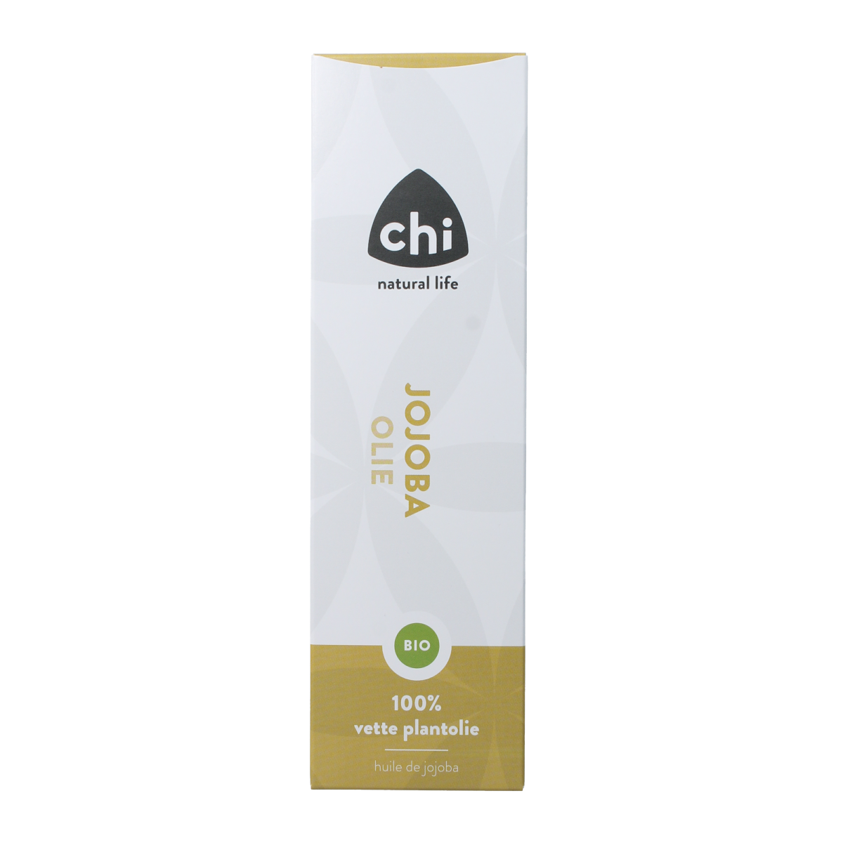 Chi Jojoba olie eko, 100ml, natural organic jojoba oil in a clear glass bottle with a black cap, suitable for skin and hair use.