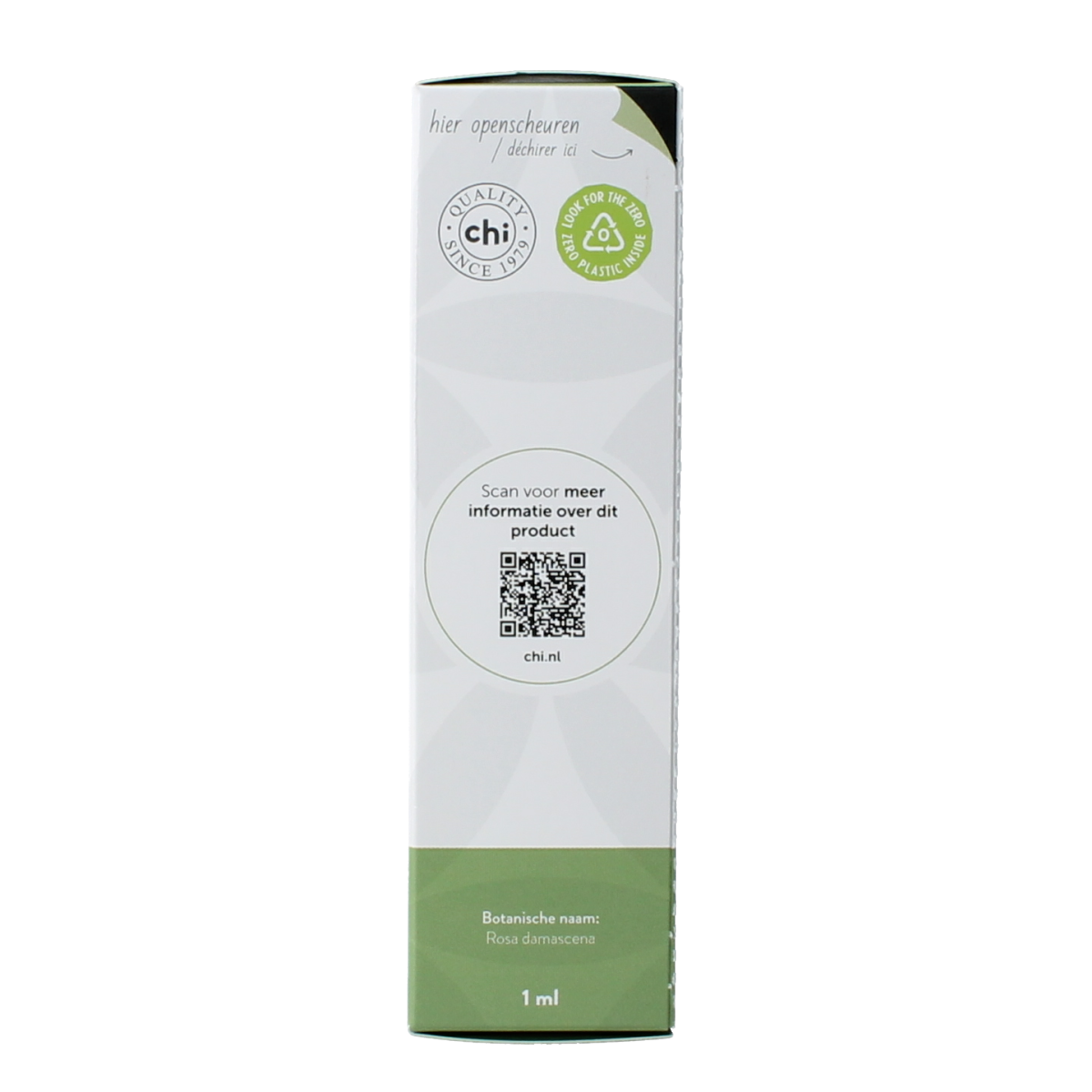 Chi Roos Bulgarije cult etherische olie, 1.00 ml bottle with rose floral design and natural oil contents inside.