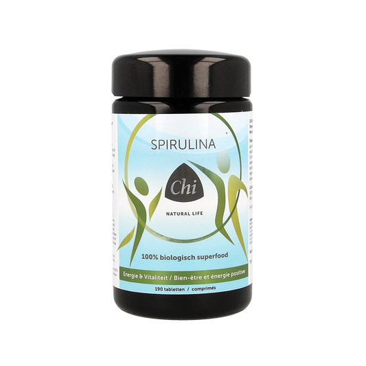 Chi Spirulina 500mg bio tablets, green spirulina supplement in a blister pack, natural herbal product by Chi.