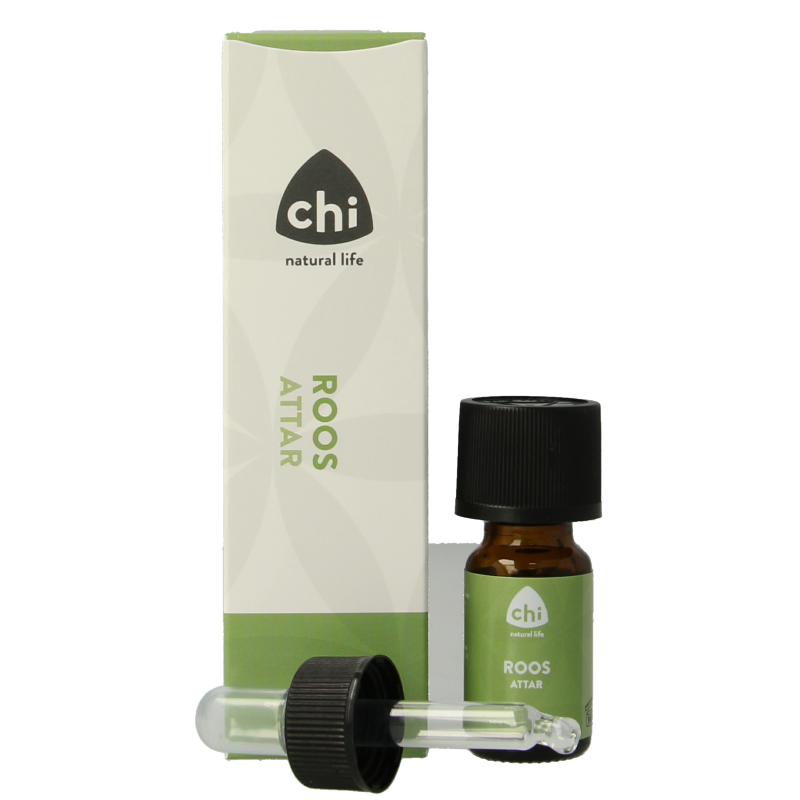Chi Roos attar essential oil in 2.5ml bottle, aromatic rose fragrance from Chi brand, with clear glass bottle and label.
