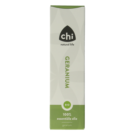 Chi Geranium bio essential oil in a 10ml bottle, featuring a clear glass container with a white cap and a label displaying product details.