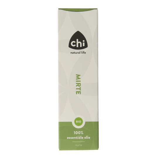 Chi Mirte organic essential oil bottle, 10ml, with dark glass container and label showing product details.