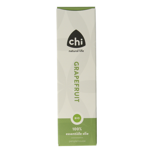 Chi Grapefruit organic essential oil bottle, 10ml, with a clear label and amber glass container for natural aromatherapy use.