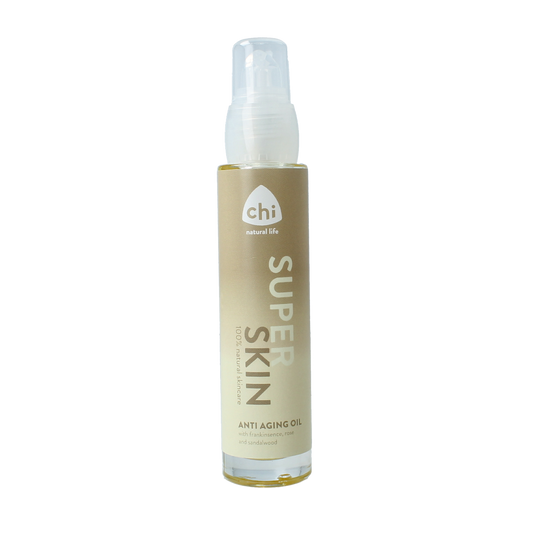 Chi Superskin anti-aging facial oil in a 50ml bottle, featuring natural bio ingredients for skincare and youthful skin.