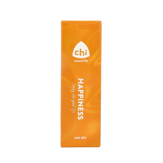 Chi Happiness Mix Essential Oil in 50ml bottle, featuring a colorful label with natural ingredients and brand logo.