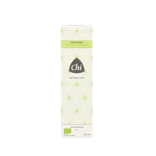 Chi Ravintsara organic essential oil in a 10ml bottle, featuring a clear label and dropper cap, on a white background.