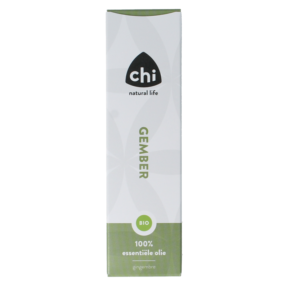 Chi organic ginger essential oil in a 10ml bottle, with a clear view of the amber glass and product label.