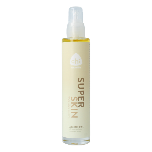 Chi Superskin cleansing oil 100ml in a clear bottle, featuring a white pump dispenser, designed for body skincare.