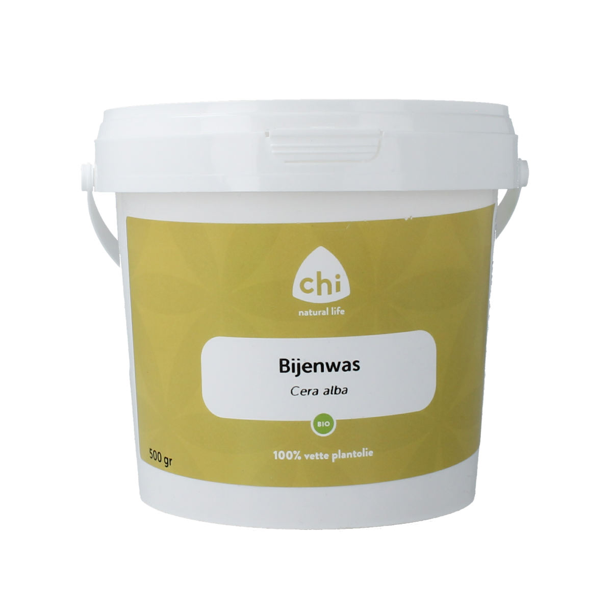 Natural bio beeswax from Chi, 500 grams, for body care, showing a block of golden beeswax in a natural setting.